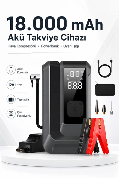 Laiser 18.000 mAh Akım Korumalı Akü Takviye Cihazı, Lastik Şişirme Pompası, Powerbank Özellikli LED Işıklı Kompresör ürün görseli 1