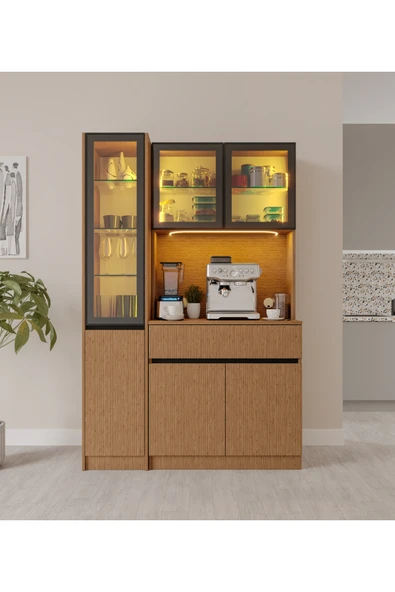 GuneyStore Bambu Midi Sol Vitrinli Komple MDF LED Aydınlatmalı Kahve Köşesi ürün görseli 1