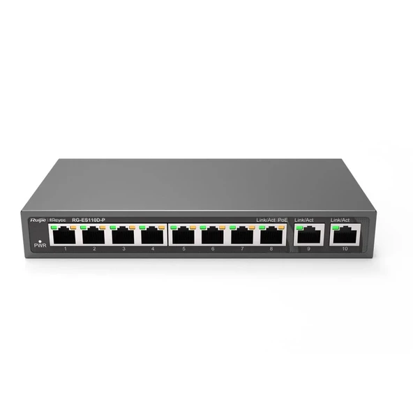 Ruijie-Reyee RG-ES110D-P 8 Port Poe+ 10-100 Mbps 2 Port 10-100-1000 Mbps Uplink Switch Çelik Kasa ürün görseli 1