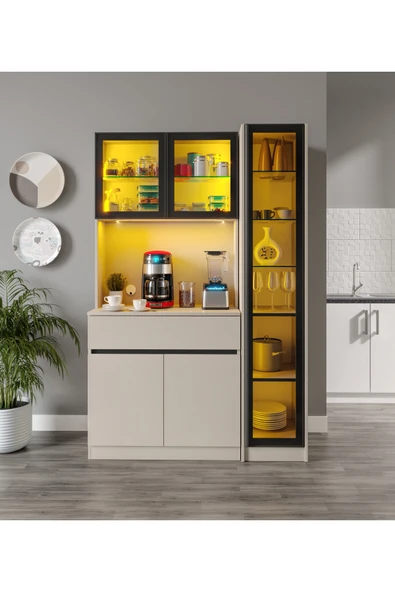 GuneyStore Lora Kum Beji Midi Sağ Vitrinli Komple MDF LED Aydınlatmalı Kahve Köşesi ürün görseli 1