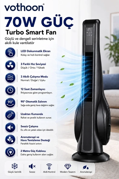 Turbo Smart Akıllı Fan Led Ekranlı Kumandalı 90° Hareketli Serinletici Soğutucu Kule Tipi Vantilatör ürün görseli 1