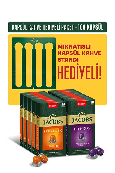 Jacobs Nespresso Uyumlu Kapsül Hediye Paketi – Espresso 7 Classico & Lungo 8 Intenso (100 Adet) ürün görseli 1