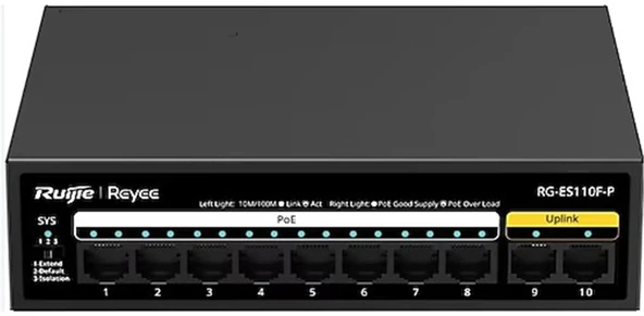 Ruijie-Reyee RG-ES110F-P 10 Port 10-100 Mbps 8 Port 10-100 PE 110W Switch ürün görseli 1