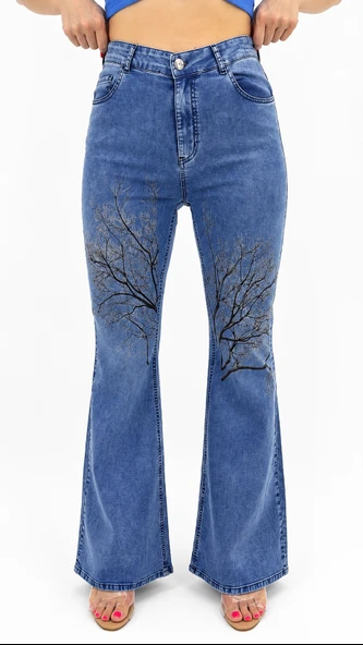 Büyük Beden Kemerli Likralı Denim Kadın Pantolon ürün görseli 1