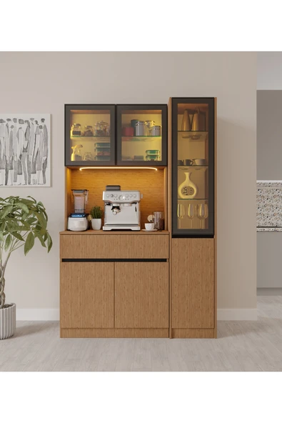 GuneyStore Bambu Midi Sağ Vitrinli Komple MDF LED Aydınlatmalı Kahve Köşesi ürün görseli 1