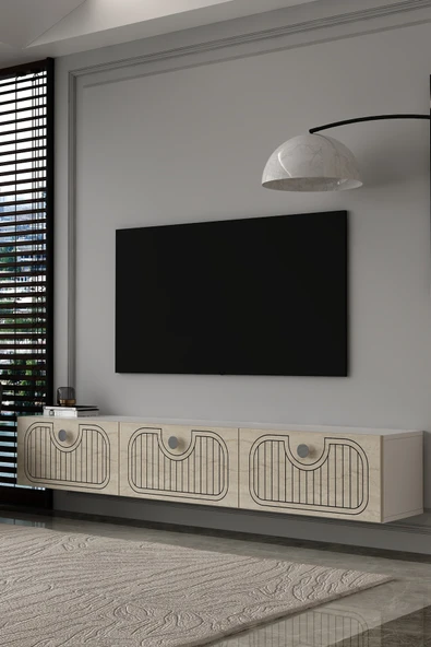 180DHDTDA3BTG HERA LAZER DESENLİ DUVARA MONTE TV SEHPASI,ÜNİTESİ BEYAZ-TRAVERTEN-GÜMÜŞ ürün görseli 1