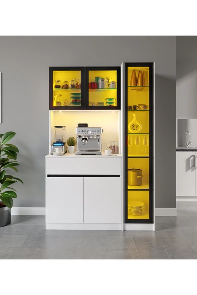 GuneyStore Moon Midi Sağ Vitrinli Kahve Köşesi Komple MDF LED Mutfak Dolabı ürün görseli 1