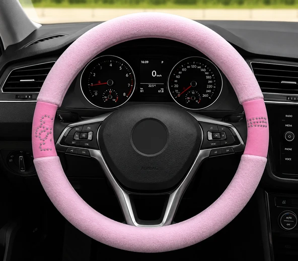 Mega Oto Market Universal Peluş Direksiyon Kılıfı Pembe Taş Detaylı Kaymaz Yumuşak 37-38 cm ürün görseli 1