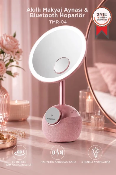 Bluetooth Hoparlör Led Işıklı Makyaj Aynalı Kablosuz Şarj Cihazı TRM04 Rose Gold ürün görseli 1