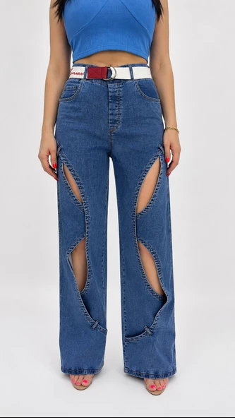 Büyük Beden Kemerli Likralı Denim Kadın Pantolon ürün görseli 1