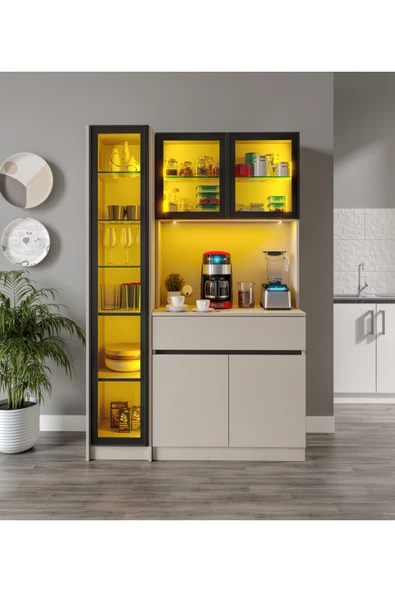 GuneyStore Lora Kum Beji Midi Sol Vitrinli Komple MDF LED Aydınlatmalı Kahve Köşesi ürün görseli 1