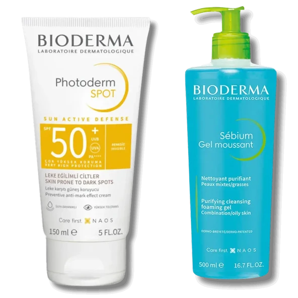 BİODERMA PHOTODERM SPOT SPF 50+ GÜNEŞ VE BAKIM KREMİ 150 ML & BİODERMA SEBİUM FOAMİNG TEMİZLEME JELİ 500 ML ürün görseli 1