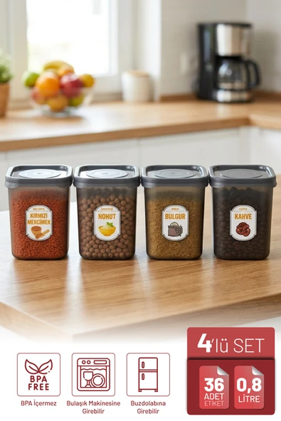 İronika 4'lü Etiket Hediyeli 800 ml Erzak Baharat Saklama Kabı Seti Antrasit ürün görseli 1