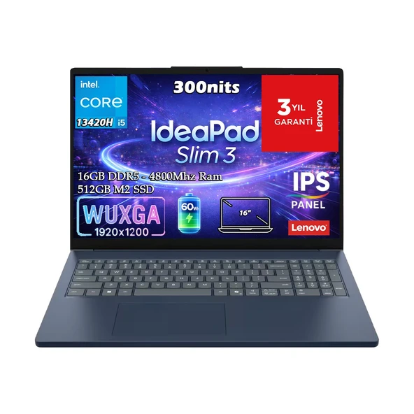 Ideapad Slim 3 16IRH10 Intel Core I5-13420H 16GB 512GB SSD 16" WUXGA (1920X1200) IPS Panel Freedos Taşınabilir Bilgisayar 83K20009TR ürün görseli 1