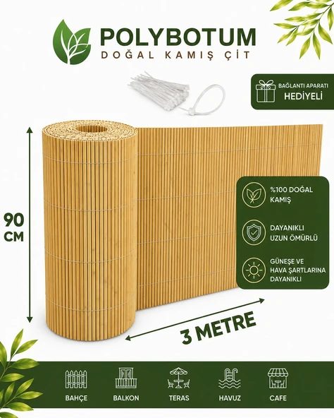 POLYBOTUM Premium Doğal Kamış Hasır Balkon Çiti 90x300 cm | Sık Dokuma | Dayanıklı | Bahçe, Teras ve Balkon İçin Dekoratif Gizlilik Çiti ürün görseli 1
