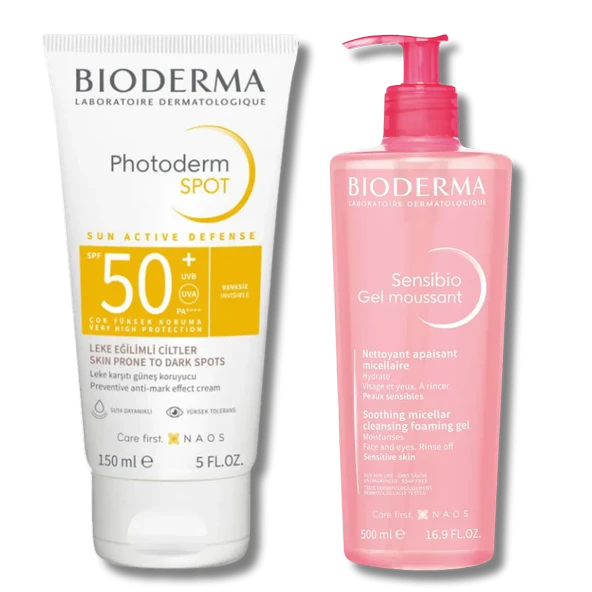 BİODERMA PHOTODERM SPOT SPF 50+ GÜNEŞ VE BAKIM KREMİ 150 ML & BİODERMA SENSİBİO FOAMİNG JEL 500 ML ürün görseli 1