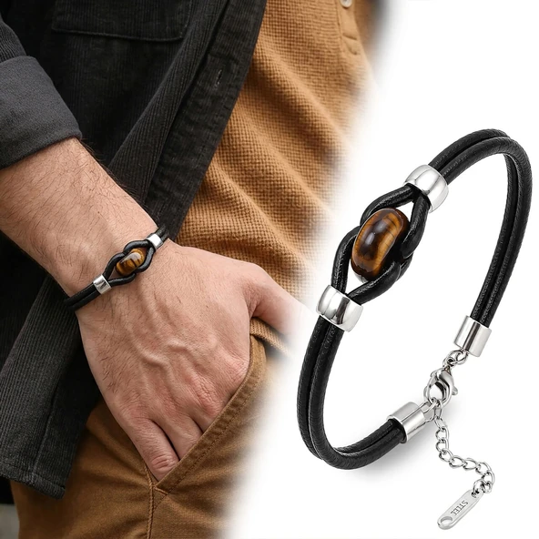 ? Premium Şık Kaplangözü Doğal Taşlı Çelik Uzatma Zincirli Deri Erkek Bileklik 31832B14D9 (23cm) ürün görseli 1