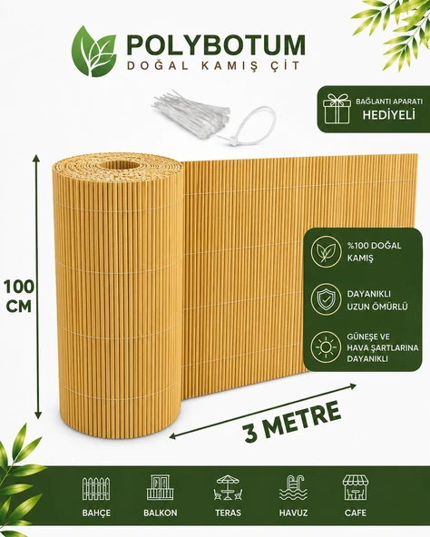 POLYBOTUM Premium Doğal Kamış Hasır Balkon Çiti 100x300 cm | Sık Dokuma | Dayanıklı | Bahçe, Teras ve Balkon İçin Dekoratif Gizlilik Çiti ürün görseli 1