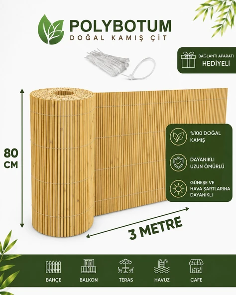 POLYBOTUM Premium Doğal Kamış Hasır Balkon Çiti 80x300 cm | Sık Dokuma | Dayanıklı | Bahçe, Teras ve Balkon İçin Dekoratif Gizlilik Çiti ürün görseli 1