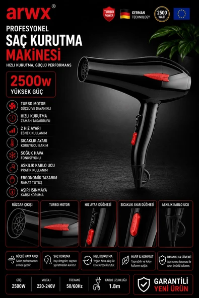 2500W Profesyonel Saç Kurutma Makinesi Turbo Motor 2 Kademeli Sıcaklık Ve Hız Ayarlı ürün görseli 1