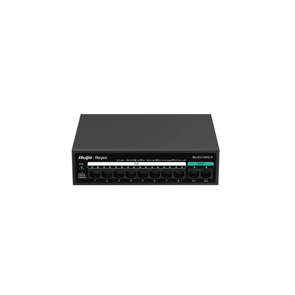 RUIJIE REYEE RG-ES110FG-P 8 PORT 10/100 + 2XGB RJ45 UPLINK METAL KASA 110W POE SWITCH ürün görseli 1