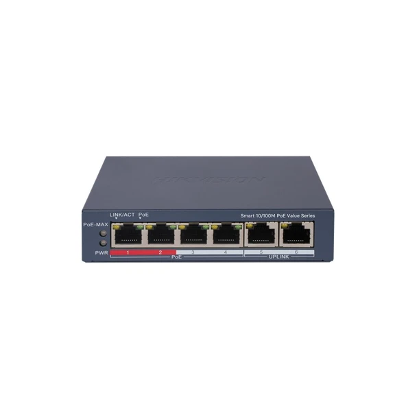 HIKVISION DS-3E1106P-EI/M 4 PORT 10/100 + 2 PORT 10/100 UPLINK 45W 300 METRE POE CLOUD YÖNETİLEBİLİR SWITCH ürün görseli 1