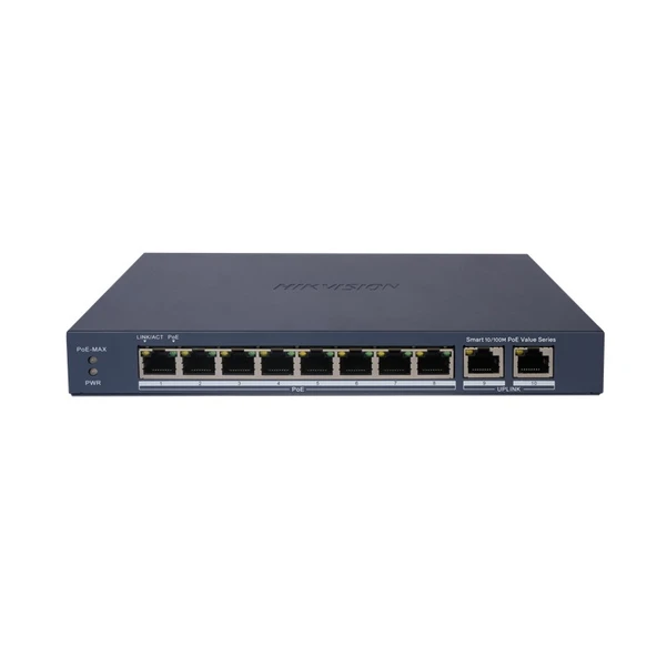 HIKVISION DS-3E1310P-EI/M 8 PORT 10/100 + 2 PORT GIGABIT RJ45 UPLINK 60W 300 METRE POE SMART YÖNETİLEBİLİR SWITCH ürün görseli 1