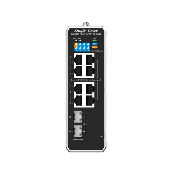 RUIJIE REYEE RG-NIS2100-8GT2SFP-HP 8 PORT GIGABIT+ 2XGB SFP UPLINK 240W POE CLOUD YONETILEBILIR ENDUSTRIYEL SWITCH ürün görseli 1