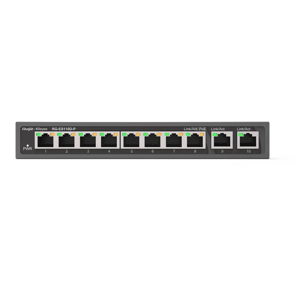 RUIJIE REYEE RG-ES110D-P 8 PORT 10/100 + 2X GIGABIT RJ45 UPLINK METAL KASA 110W POE SWITCH ürün görseli 1