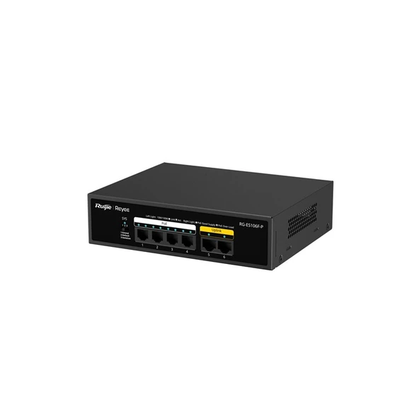 RUIJIE REYEE RG-ES106F-P 4 PORT 10/100 + 2 PORT 10/100 UPLINK 54W 250 METRE POE METAL KASA SWITCH ürün görseli 1