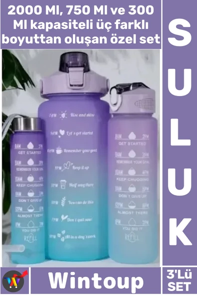 #Suluk 3 Lü Paket Tritan Sızdırmaz Pipetli Zaman Çizelgeli Su Matarası Motivasyon Suluk Seti Renkli ürün görseli 1