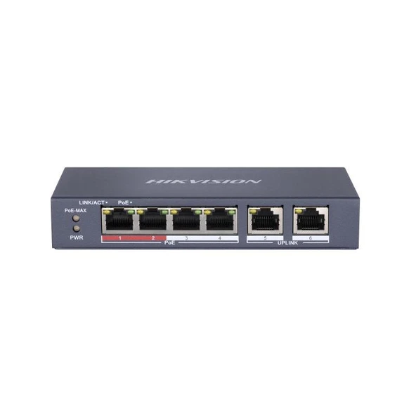 HIKVISION DS-3E0106P-E/M 4 PORT 10/100 + 2 PORT 10/100 UPLINK 35W POE METAL KASA SWITCH ürün görseli 1