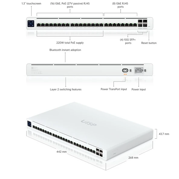 UBIQUITI UISP-S-PRO 16 PORT 27V PASİF POE+8 PORT GB RJ45+4X10GB SFP+ UPLINK 220W POE L2 YÖNETİLEBİLİR SWITCH ürün görseli 1
