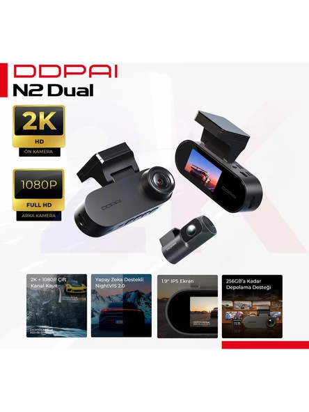 DDPAI N2 Dual Araç içi kamera - 2K + 1080P Çift kanal kayıt - Yapay zeka destekli NightVIS 2.0 - 1.9'' IPS Ekran ürün görseli 1