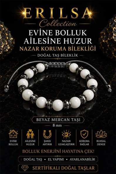 Sertifikalı Evine Bolluk Ailene Huzur Nazar Koruma Bilekliği Beyaz Mercan Terahertz 8 mm ürün görseli 1
