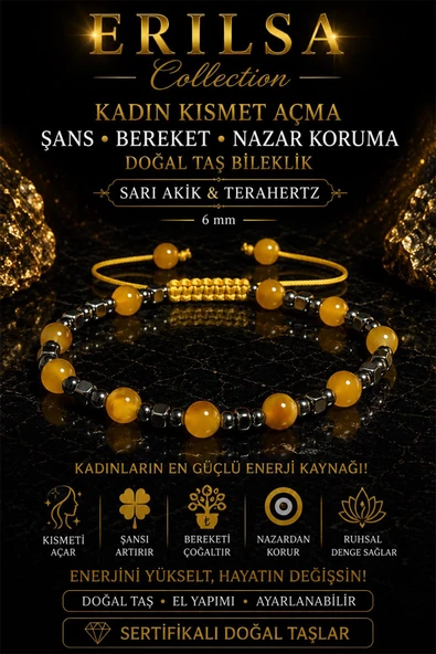 Sertifikalı Kadın Kısmet Açma Şans Bereket Nazar Koruma Bilekliği Sarı Akik Terahertz 6 mm ürün görseli 1