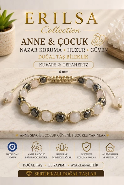 Sertifikalı Anne Çocuk Nazar Koruma Huzur Güven Bilekliği Kuvars Terahertz 6 mm ürün görseli 1