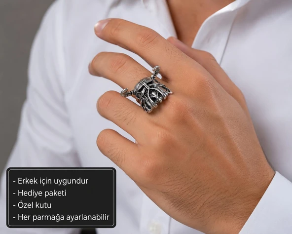 Ragnar Horn Helmet Ring Ragnar Boynuzlu Savaşçı Miğferi Erkek Yüzüğü ürün görseli 1
