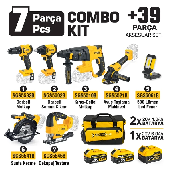 SGS COMBO SET 7 PARÇA (Darbeli Matkap/Kırıcı-Delici Matkap/Darbeli Somun Sıkma/Avuç Taslama Makinesi/Sunta Kesme/Led Fener) ürün görseli 1