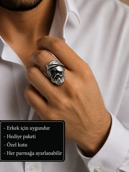 Ragnar Shadow Skull Ring Asi Kaptan Kurukafa Erkek Yüzüğü, detaylı kurukafa figürü ürün görseli 1