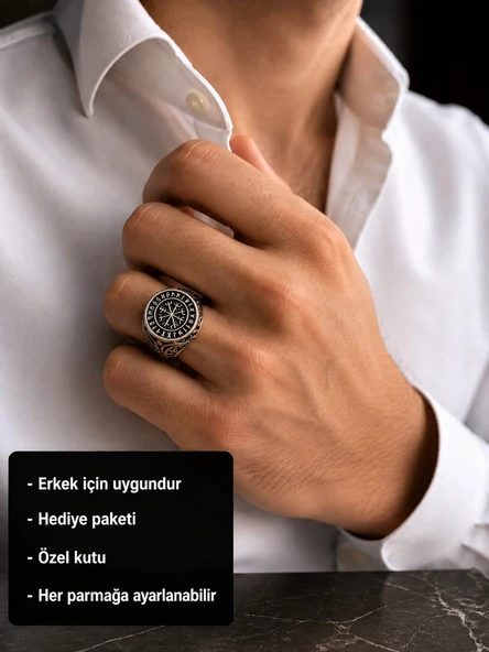 Vegvísir Guardian Signet Ring Vegvísir (Viking Pusulası) Erkek Yüzük ürün görseli 1