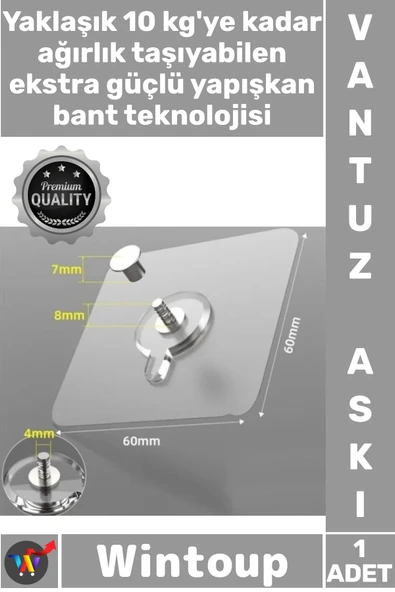 #Askı Şeffaf Kendinden Yapışkanlı Su Geçirmez Paslanmaz 10 kg Kapasiteli Ultra Güçlü Vantuzlu Askı ürün görseli 1