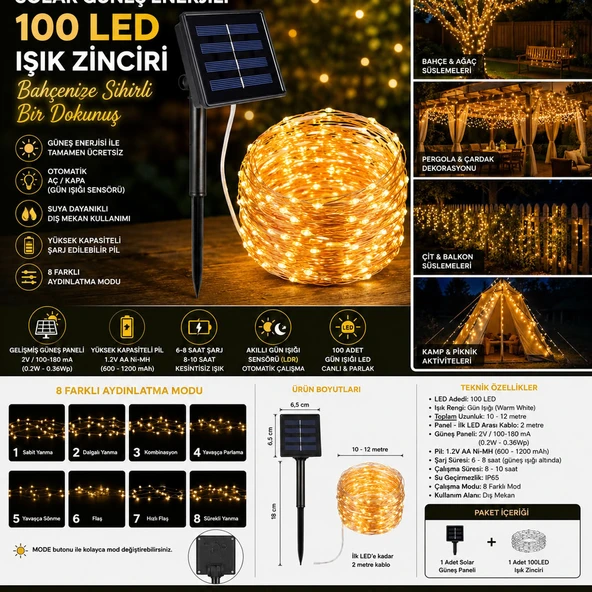 Solar 100 LED Gün Işığı Peri Led Işık Zinciri Bahçe ve Balkon Aydınlatma ürün görseli 1