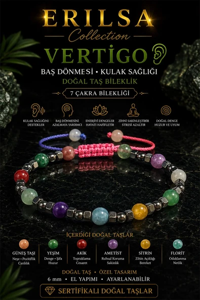 Sertifikalı 7 Çakra Doğal Taş Vertigo Denge Bilekliği Ayarlanabilir Makrome 6 mm Unisex ürün görseli 1