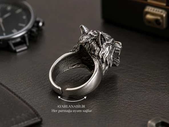 Wolf King Adjustable Ring Kurt Hükümdarı Erkek Yüzüğü - Resim 2