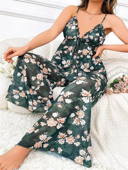 Closet Özel Tasarım Büyük Beden Çiçek Desenli Bol Kesim 2'li Pijama Takımı ürün görseli 1