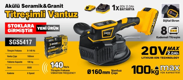 SGS AKÜLÜ SERAMİK-GRANİT TİTREŞİMLİ VANTUZ 160 mm 100 KG 20V 1X2.0 Ah ürün görseli 1
