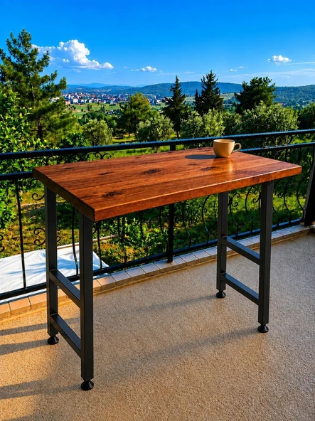 Masif Bar Masası 85 cm Yüksek Metal Profil Ayaklı Mutfak Yemek Kafe Bistro Çalışma ürün görseli 1