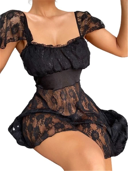 Closet Alt Kısmı Tül Üst Kısmı Jarse Mini  Siyah Gecelik ürün görseli 1