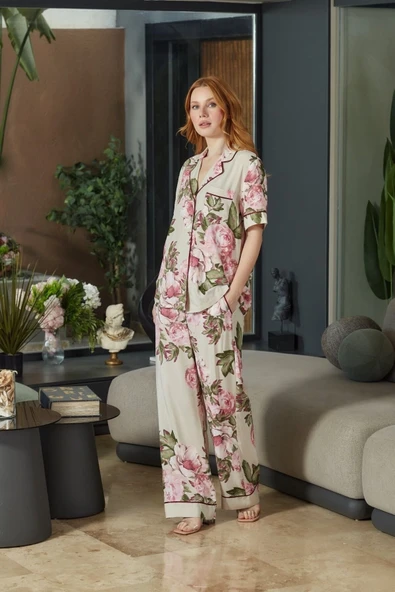 Aqua 26546 Kadın Desenli Düğmeli Kısa Kol Pijama Takım ürün görseli 1